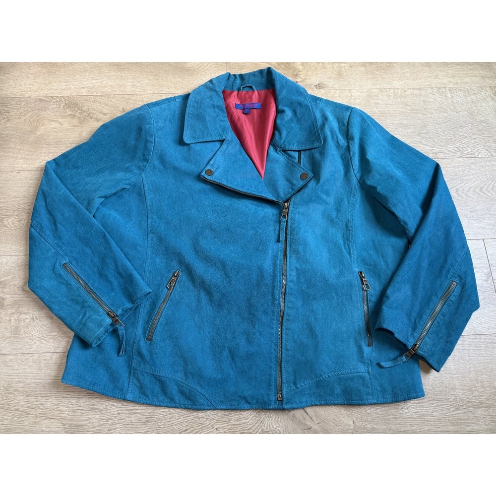 Twiggy‎ London Turquoise genuine leather Moto Jacket Blue Asymmetrical Zip sz 2X